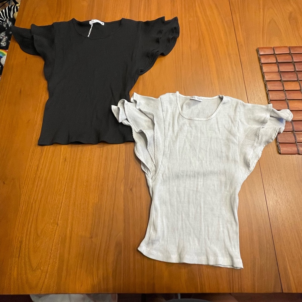 Zara 2 ribbed frilly flutter shirt bundle black and gray